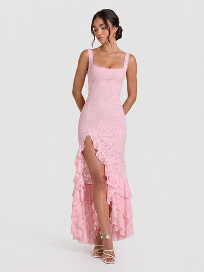 Floral-Lace Tiered Maxi with High-Slit Waterfall Hem