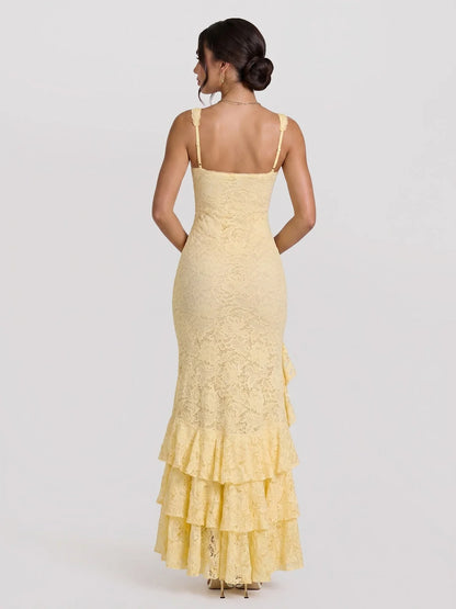 Floral-Lace Tiered Maxi with High-Slit Waterfall Hem