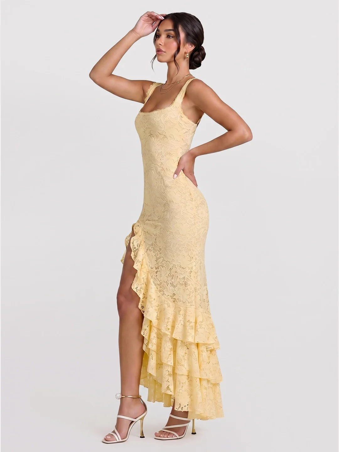 Floral-Lace Tiered Maxi with High-Slit Waterfall Hem