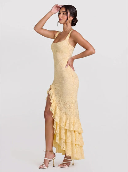 Floral-Lace Tiered Maxi with High-Slit Waterfall Hem