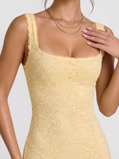 Floral-Lace Tiered Maxi with High-Slit Waterfall Hem