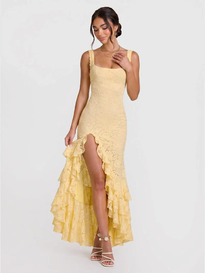 Floral-Lace Tiered Maxi with High-Slit Waterfall Hem